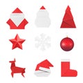 Christmas origami ornaments and decorations: paper Santa Claus and snowman, fir, star, snowflake, glass ball toy, deer red hat and Royalty Free Stock Photo