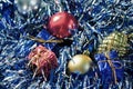 Christmas ornament filtered photo. Christmas tree balls and wrapped gift boxes. Royalty Free Stock Photo