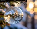 Christmas ornament glass ball with leaf patterns hanging on pine tree branch glowing warmly in soft light Royalty Free Stock Photo