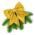 Christmas ornament gold bow and pine branch isolated on white background