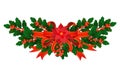 Christmas ornament. Holly border with decoration of red satin ribbons, poinsettia flower, berries isolated on white Royalty Free Stock Photo