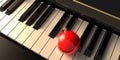 Christmas ornament on piano keys, above view. 3d illustration