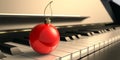 Christmas ornament red xmas bauble on piano keys. 3d illustration