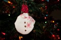 Christmas Ornament of a Snowman Wearing a Stocking Cap hanging on an evergreen tree