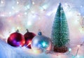 Festive Delights: Christmas Ornaments and Evergreen Tree with Lights on Fur Textures