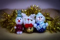 Christmas Ornament, Stuffed Snowman, Reindeer with rattle Royalty Free Stock Photo