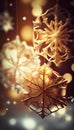 Christmas decoration of closeup snowflake, garland bokeh vertical background, multicolour festive shine. Generative AI