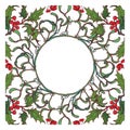 Christmas ornamental circular frame. Holly and fir branches with leafs berries and cones. Christmas greeting card