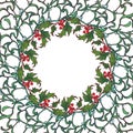 Christmas ornamental circular frame. Holly and fir branches with leafs berries and cones. Christmas greeting card