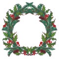 Christmas ornamental circular frame. Holly and fir branches with leafs berries and cones. Christmas greeting card