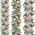 Christmas ornamental seamless borders. Holly and mistletoe branches with leafs and berries. Winter botanical design.