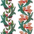 Christmas ornamental seamless borders. Holly and mistletoe branches with leafs and berries. Winter botanical design.