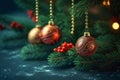 Christmas ornaments baubles and fir tree on green background , close up shot, Christmas background. Generative AI