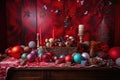 christmas ornaments and candles on a table. Generative AI Royalty Free Stock Photo