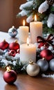 Christmas Ornaments And Candles On A Table With A Snowy Backdro. Generative AI Royalty Free Stock Photo