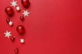 Christmas ornaments decorations background. Classic red and white glass baubles balls with giltter snowflakes horizontal border. Royalty Free Stock Photo