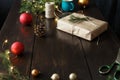 Christmas ornaments gift boxes wooden table Rustic Christmas background Wrapping presents Royalty Free Stock Photo