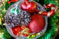 Christmas ornaments in glass bowl. Decorating house by yourself. top view