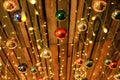 Christmas ornaments hanging from ceiling. background for design. Noel. Happy New Year