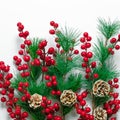 Christmas ornaments of holly berries on white background, gift square card with holiday decorations, pine cones, green spruce