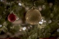 Christmas Ornaments at Night Bright and Happy Lights with Ribbon and Glitter Royalty Free Stock Photo