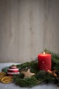 Christmas ornaments with snow, pine tree and candle Royalty Free Stock Photo