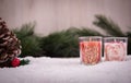Christmas ornaments with snow, pine tree and candle Royalty Free Stock Photo