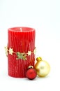 Christmas ornaments - red candle and red and gold ornaments Royalty Free Stock Photo