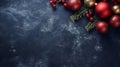 Christmas ornaments red and gold baubles and fir branch on black marble backdrop, top view, Christmas background. Generative AI Royalty Free Stock Photo