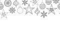 Christmas ornaments seamless vector border black on white. Line art doodle holiday baubles repeating pattern isolated. Cute hand