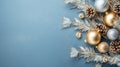 Christmas ornaments sliver and gold baubles and fir branch on blue backdrop, top view, Christmas background. Generative AI Royalty Free Stock Photo