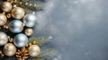Christmas ornaments sliver and gold baubles and fir branch on blue backdrop, top view, Christmas background. Generative AI Royalty Free Stock Photo