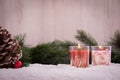 Christmas ornaments with snow, pine tree, red candle and xmas lights Royalty Free Stock Photo