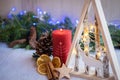 Christmas ornaments with snow, pine tree and xmas lights Royalty Free Stock Photo