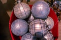 Christmas ornaments at store in blue, gold and silver