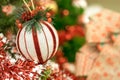Christmas ornaments on the Christmas tree with red and white ball. copy space Royalty Free Stock Photo