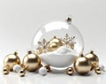 christmas ornaments on white background, transparent globe with snowflakes inside, gold globes and snow around Royalty Free Stock Photo