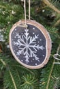 Christmas ornaments wooden round ecological from wood on the fir