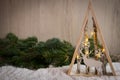 Christmas ornaments with snow, pine tree, and xmas lights Royalty Free Stock Photo