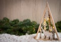 Christmas ornaments with snow, pine tree and xmas lights Royalty Free Stock Photo