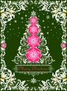 Christmas ornate greeting green card with floral craft decorative vignette and paper cutting Xmas tree