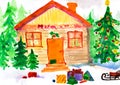 Christmas ornate winter home in forest. Childlike drawing.