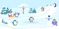 Christmas outdoor sport recreation, character penguin relax playground, xmas snow area flat vector illustration, natural