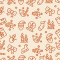 Christmas Outline Icon Seamless Pattern Beige Background.Vector Illustration Royalty Free Stock Photo