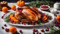 Christmas oven roasted duck on a white plate decorated with cranberries