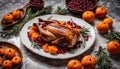 Christmas oven roasted duck on a white plate decorated with cranberries,