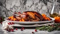 Christmas oven roasted duck on a white plate decorated with cranberries, pomegranate, persimmon,