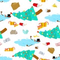 Christmas is over pattern seamless. Snowman melted background. Open gift wrapping. Christmas Tree fell holiday is over. End of