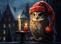 christmas owl in santa hat sitting with candle on window at cozy home Royalty Free Stock Photo