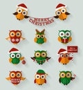 Christmas owls. Flat icons. Vector set. Royalty Free Stock Photo